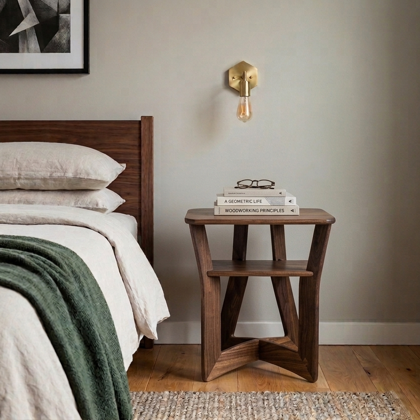 Bedroom with wooden bed and a walnut nightstand, neutral decor
