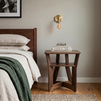 Bedroom with wooden bed and a walnut nightstand, neutral decor