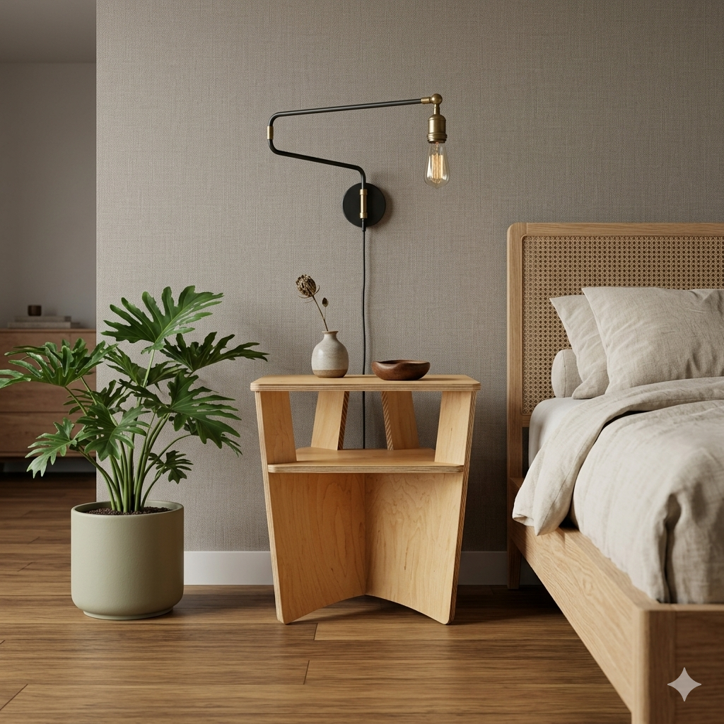 Large Maple Plywood Nightstand holding a decorative planter and tray