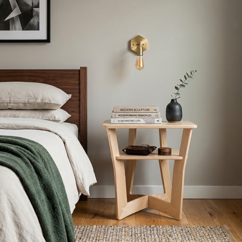 Large Maple Nightstand holding books, a planter, and a tray