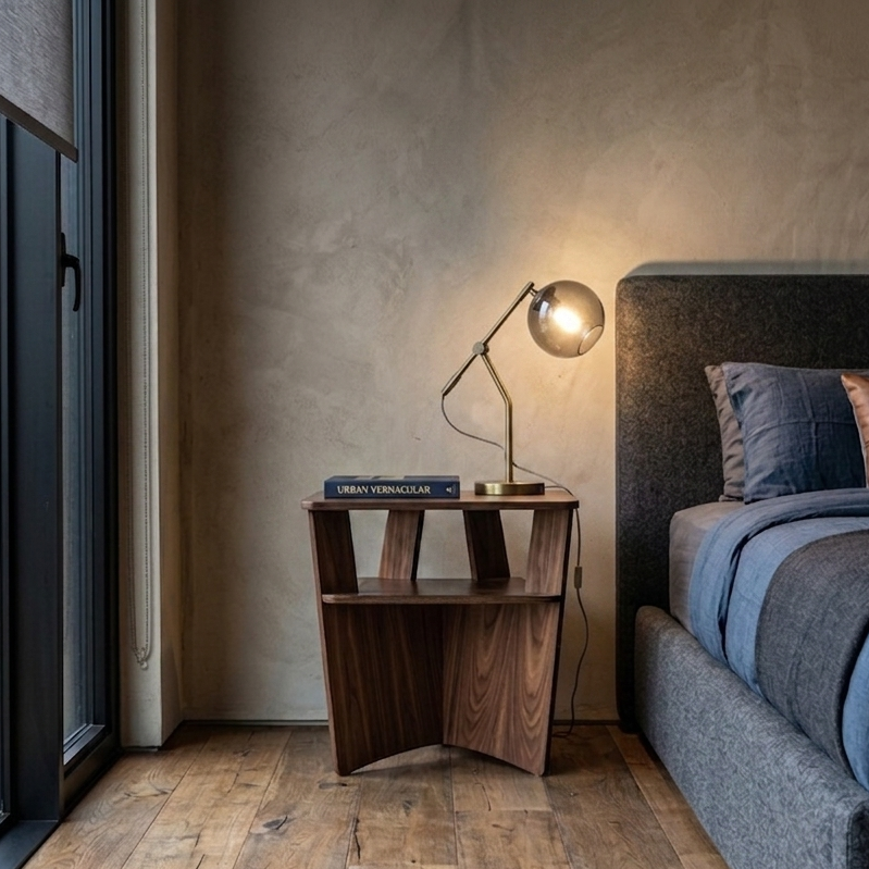 Large Walnut Plywood Nightstand holding a book and lamp