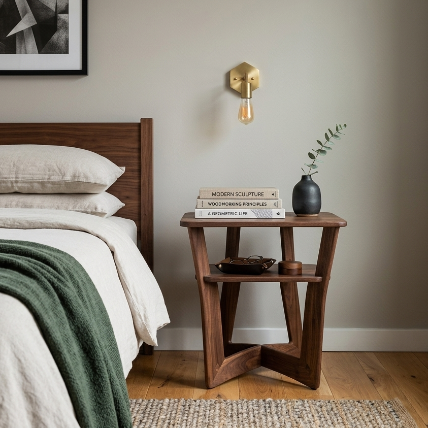Large Walnut Nightstand holding books, a planter, and a tray