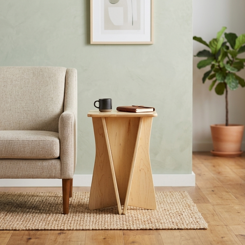 Small Maple Accent Table holding a notebook and mug