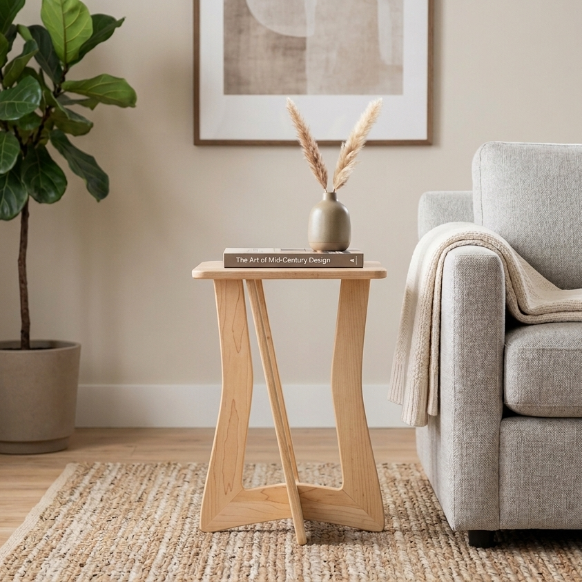 Small Maple Accent Table holding a book and decorative vase