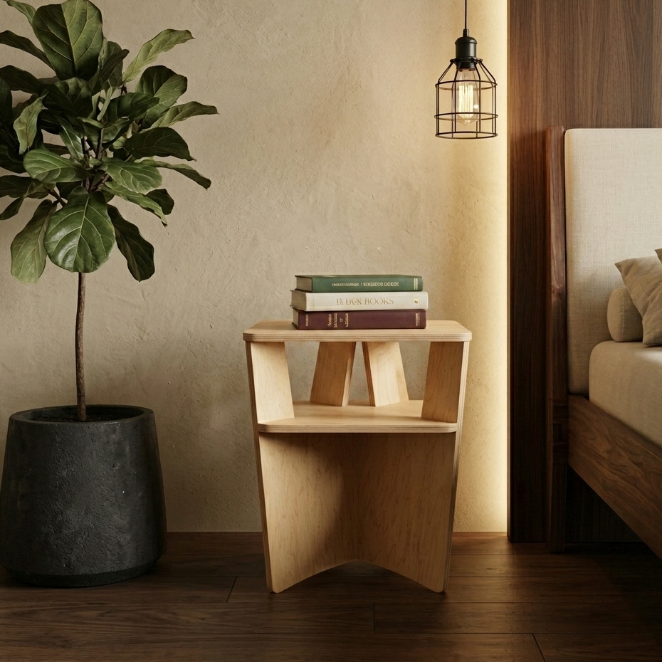 Small Maple Plywood Nightstand holding books