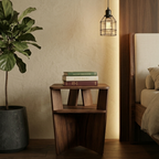 Small Walnut Plywood Nightstand holding books