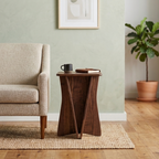 Small Walnut Accent Table holding a notebook and mug