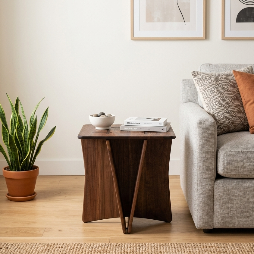 Large Walnut End Table holding books and a decorative bowl