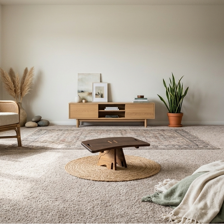 Walnut Kneeling Meditation Stool on a woven mat in the center of a living room